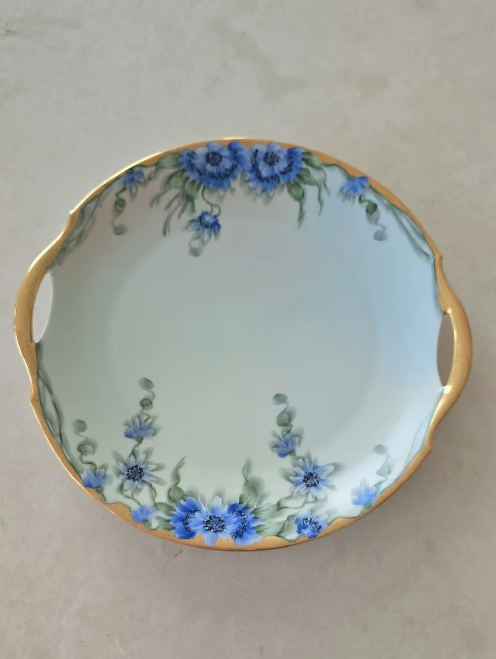Blue Floral Porcelain Serving Platter with Gold Trim